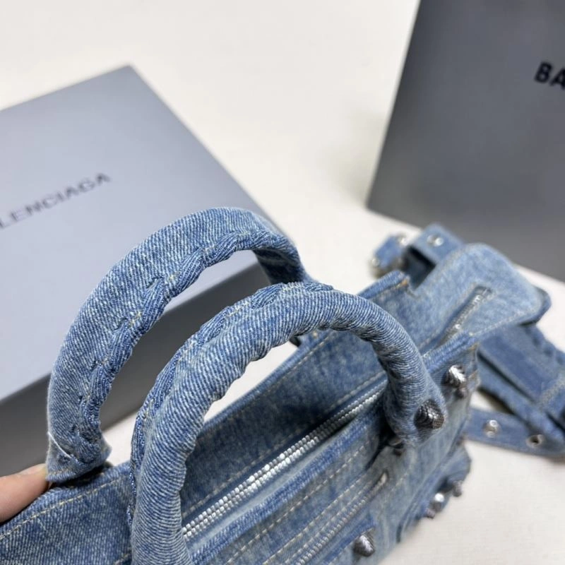 Modern Balenciaga Denim Blue Cagole Motorcycle Bag with Rhinestones - XS Size 78786