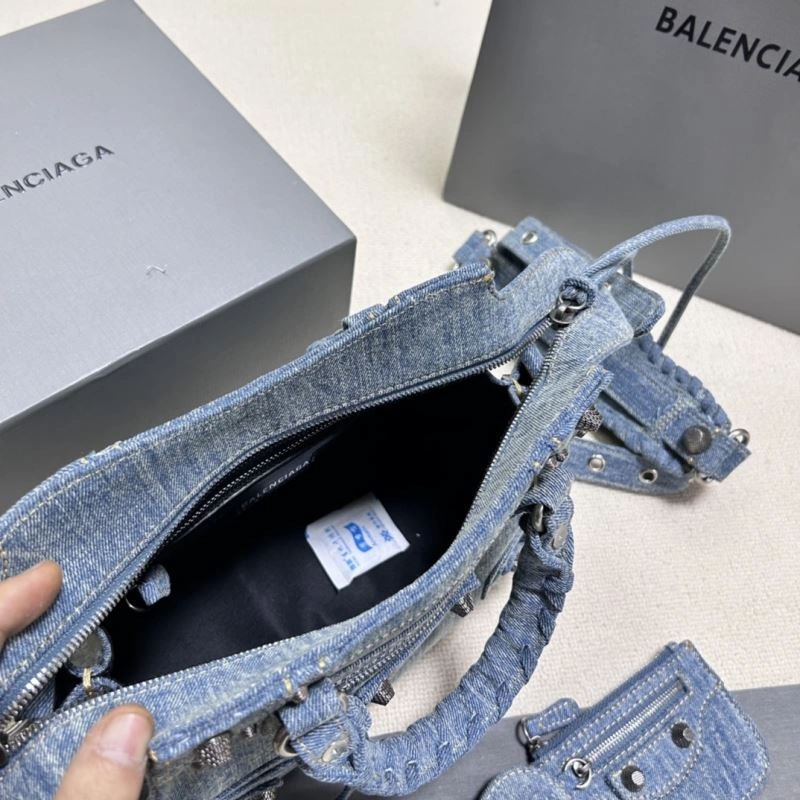 Modern Balenciaga Denim Blue Cagole Motorcycle Bag with Rhinestones - XS Size 78786