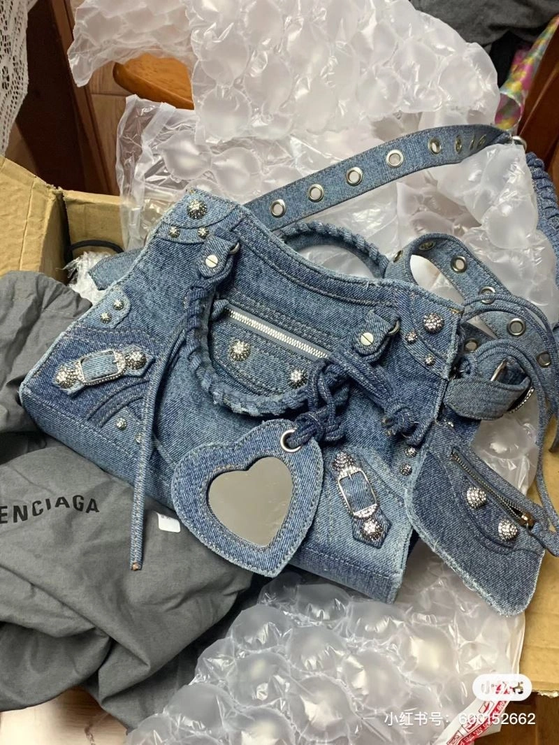 Modern Balenciaga Denim Blue Cagole Motorcycle Bag with Rhinestones - XS Size 78786