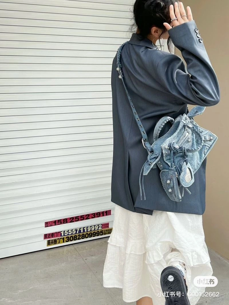 Modern Balenciaga Denim Blue Cagole Motorcycle Bag with Rhinestones - XS Size 78786