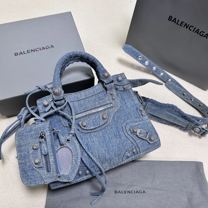 ZipUp Balenciaga Denim Blue Neo Cagole Motorcycle Bag with Rhinestones 78782
