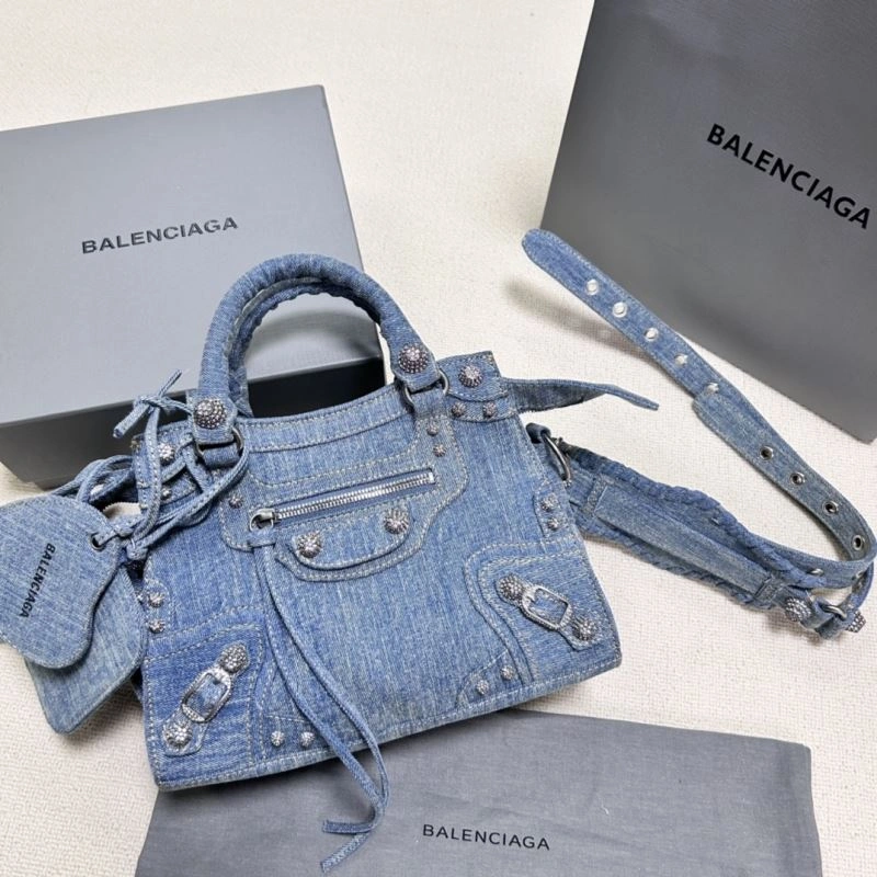 ZipUp Balenciaga Denim Blue Neo Cagole Motorcycle Bag with Rhinestones 78782