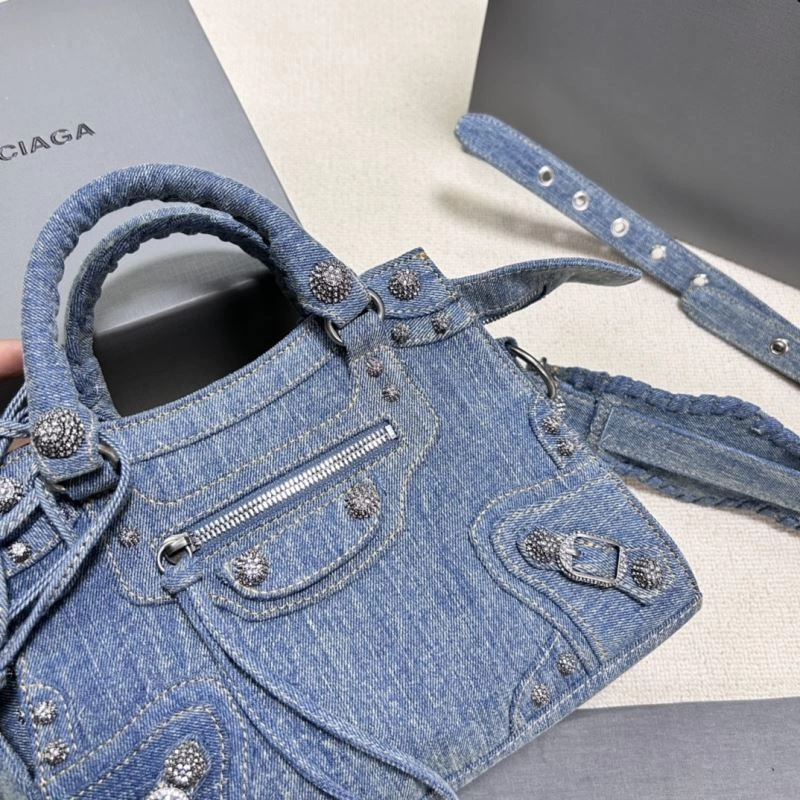 ZipUp Balenciaga Denim Blue Neo Cagole Motorcycle Bag with Rhinestones 78782