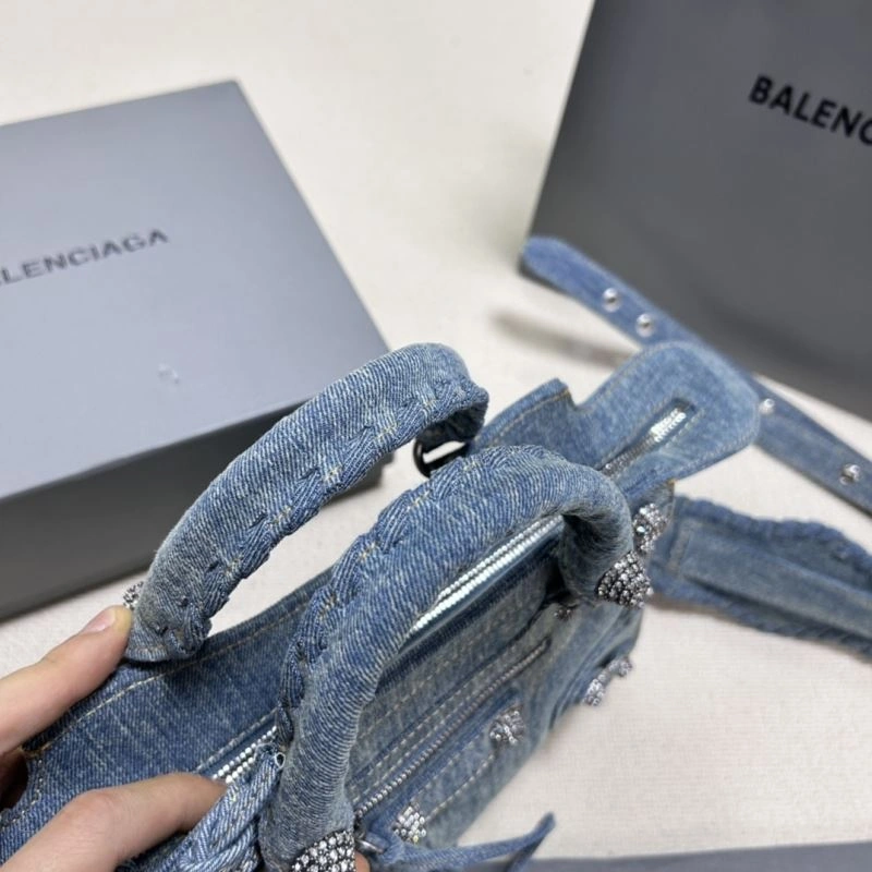 ZipUp Balenciaga Denim Blue Neo Cagole Motorcycle Bag with Rhinestones 78782