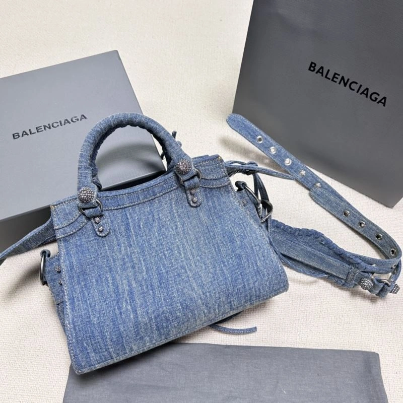 ZipUp Balenciaga Denim Blue Neo Cagole Motorcycle Bag with Rhinestones 78782