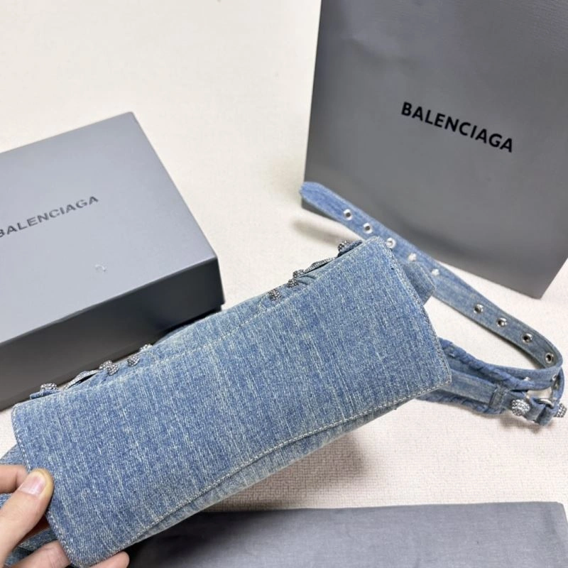 ZipUp Balenciaga Denim Blue Neo Cagole Motorcycle Bag with Rhinestones 78782