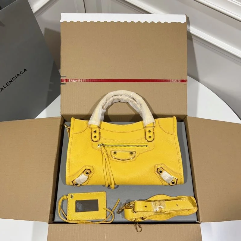 Versatile Balenciaga Goat Leather Motorcycle Bag - Gold Buckle Yellow 30cm 38326