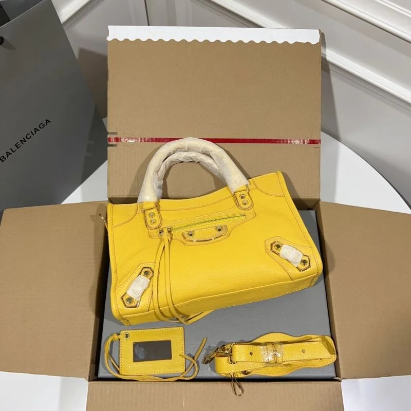 Versatile Balenciaga Goat Leather Motorcycle Bag - Gold Buckle Yellow 30cm 38326