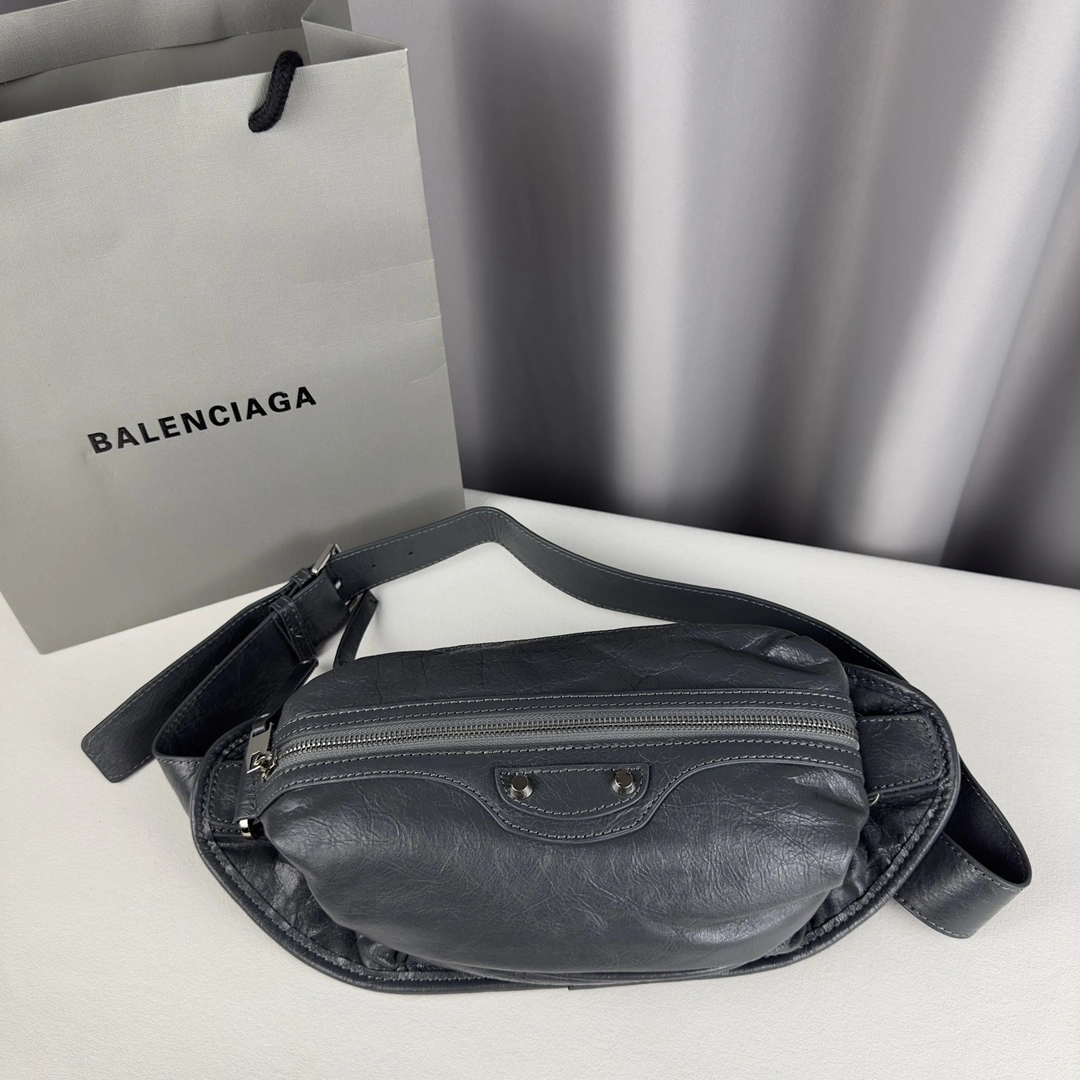 Balenciaga Gray Cracked Lambskin Motorcycle Chest Bag Upgraded 60848