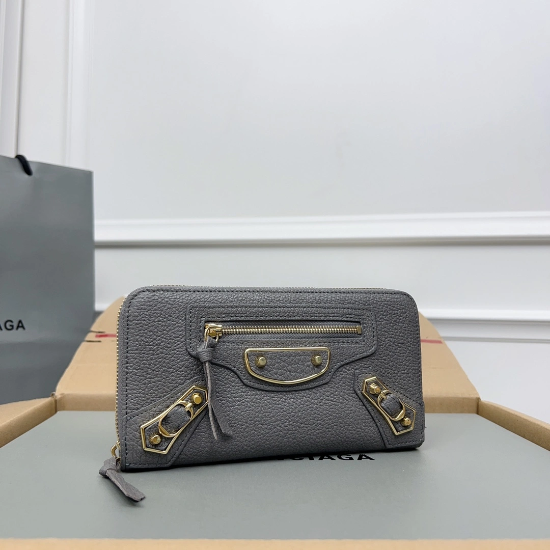 Balenciaga Gray Retro Zip Goat Leather Motorcycle Wallet Vibrant 60842