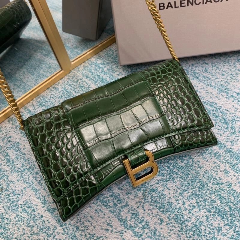 Balenciaga Green Crocodile Hourglass Chain Bag with Gold Accent Trendy 72605