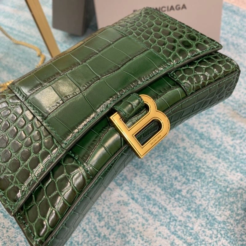 Balenciaga Green Crocodile Hourglass Chain Bag with Gold Accent Trendy 72605