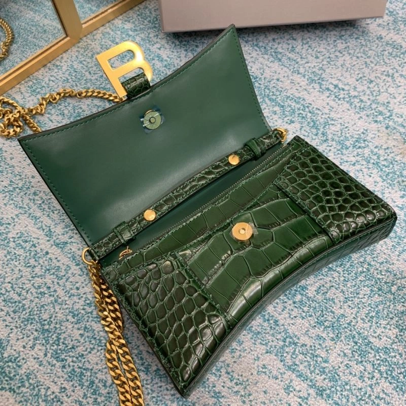Balenciaga Green Crocodile Hourglass Chain Bag with Gold Accent Trendy 72605