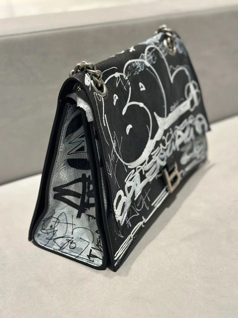 Balenciaga Hand-Painted Black Cracked Sheepskin Graffiti Bag Unisex 70047