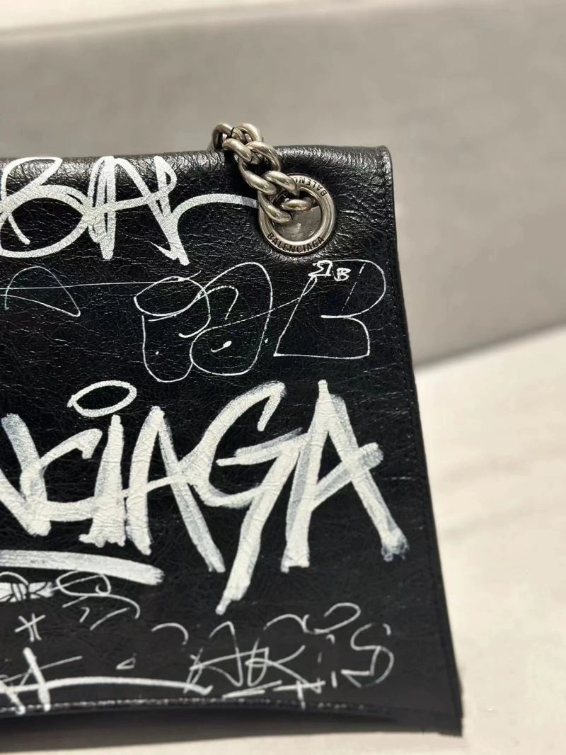 Balenciaga Hand-Painted Black Cracked Sheepskin Graffiti Bag Unisex 70047