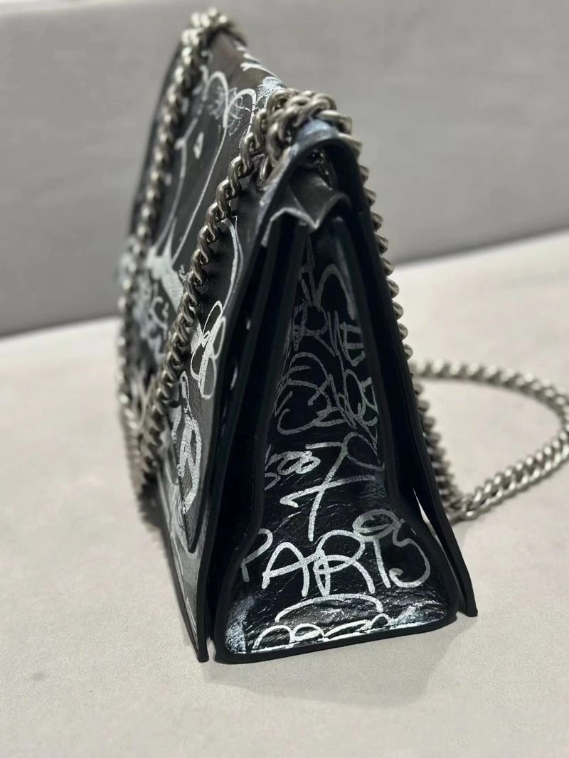 Balenciaga Hand-Painted Black Cracked Sheepskin Graffiti Bag Unisex 70047