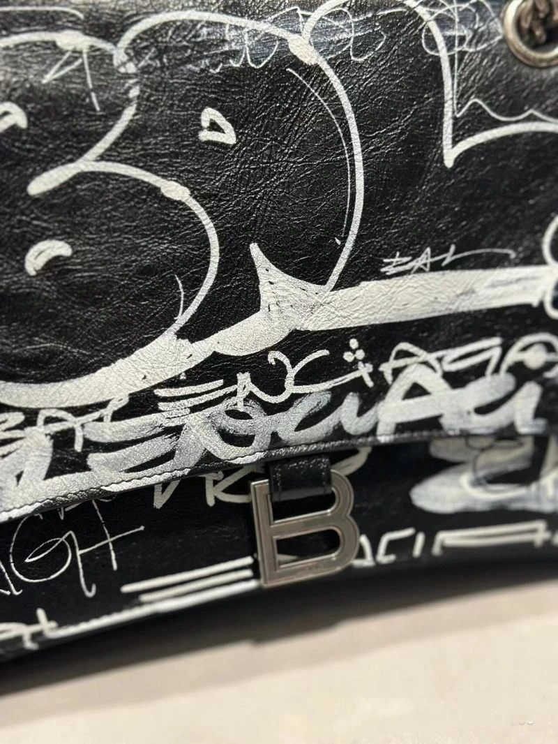 Balenciaga Hand-Painted Black Cracked Sheepskin Graffiti Bag Unisex 70047