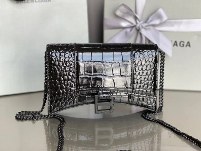 Seasonal Balenciaga Hourglass Crocodile Black Buckle Chain Bag 38285