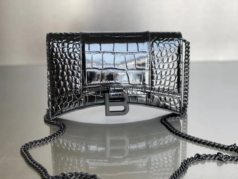 Seasonal Balenciaga Hourglass Crocodile Black Buckle Chain Bag 38285
