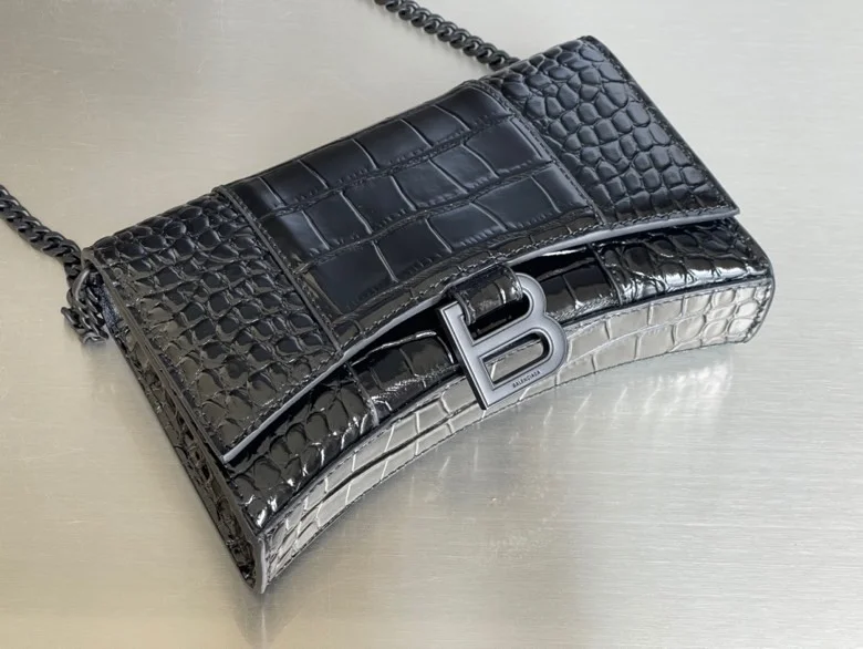 Seasonal Balenciaga Hourglass Crocodile Black Buckle Chain Bag 38285