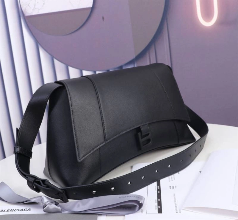 Modern Balenciaga Hourglass Curved Black Sand Timer Bag with Gun Buckle 75323