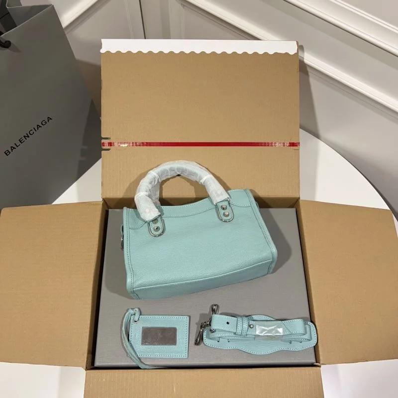 Trendy Balenciaga Lake Blue Goat Leather Motorcycle Bag with Mirror 38295