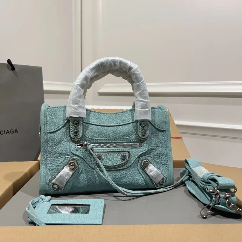Trendy Balenciaga Lake Blue Goat Leather Motorcycle Bag with Mirror 38295