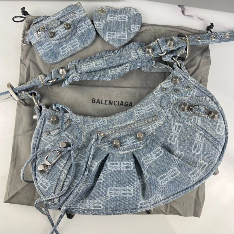 Balenciaga Le Cagole Blue Denim Half-Moon Shoulder Bag Chic 38380