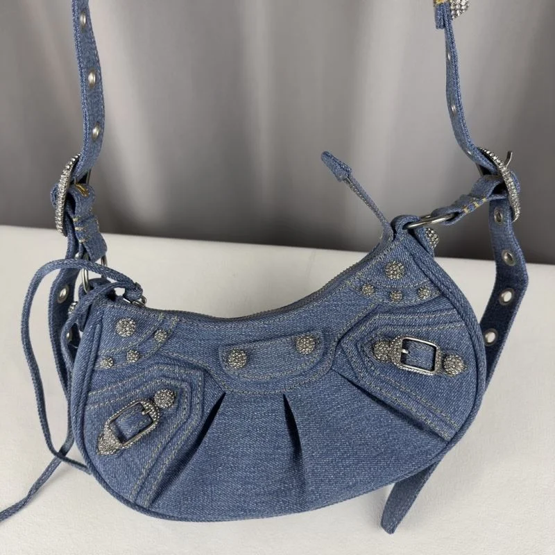 Balenciaga Le Cagole Dark Blue Denim Half-Moon Shoulder Bag Bold 38389