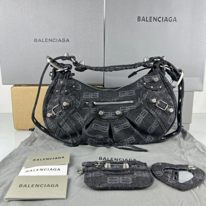 Seasonal Balenciaga Le Cagole Denim Print Crescent Bag with Mirror Pouch 78827