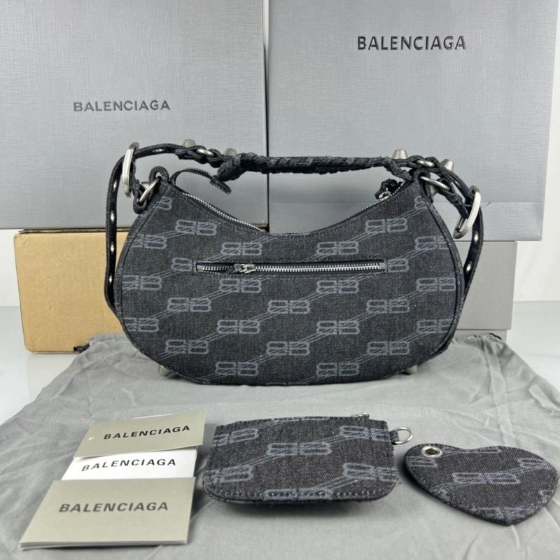 Seasonal Balenciaga Le Cagole Denim Print Crescent Bag with Mirror Pouch 78827