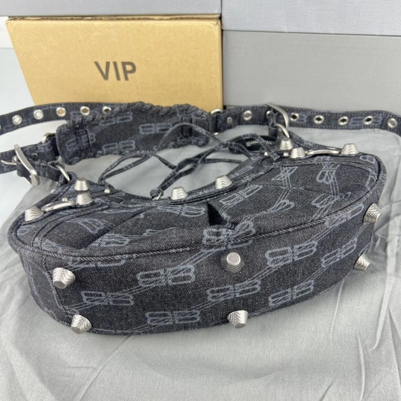 Seasonal Balenciaga Le Cagole Denim Print Crescent Bag with Mirror Pouch 78827