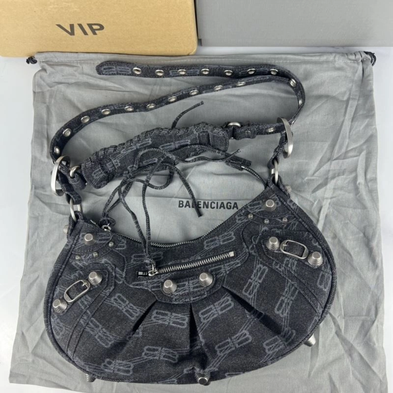 Seasonal Balenciaga Le Cagole Denim Print Crescent Bag with Mirror Pouch 78827