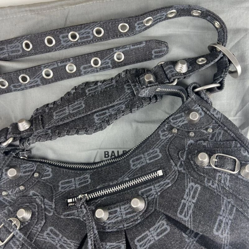 Seasonal Balenciaga Le Cagole Denim Print Crescent Bag with Mirror Pouch 78827