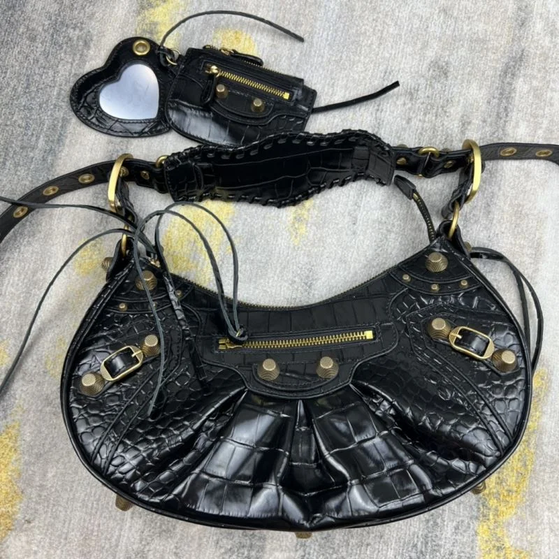 Packable Balenciaga Le Cagole Half-Moon Crocodile Dumpling Bag 38345