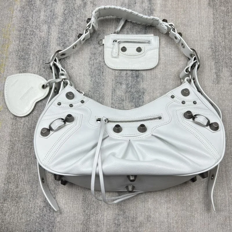 Modern Balenciaga Le Cagole Half-Moon Dumpling Bag in Oil Wax White 38378