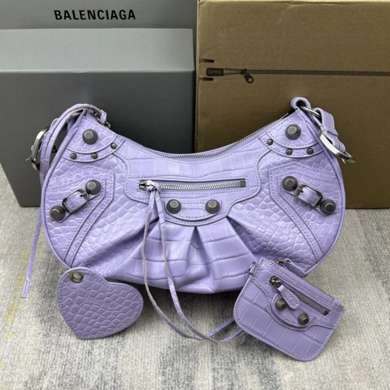Balenciaga Le Cagole Half-Moon Dumpling Bag in Purple Croc Leather Packable 38371