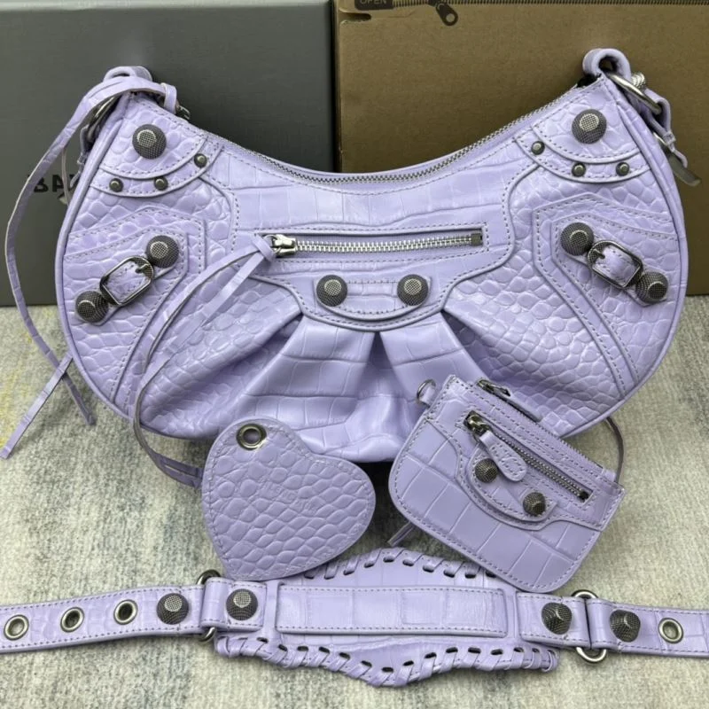 Balenciaga Le Cagole Half-Moon Dumpling Bag in Purple Croc Leather Packable 38371