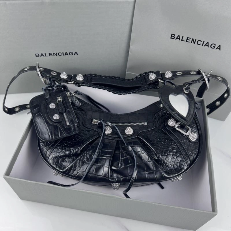 Balenciaga Le Cagole Large Black Crocodile Shoulder Bag with Diamonds Flexible 78798