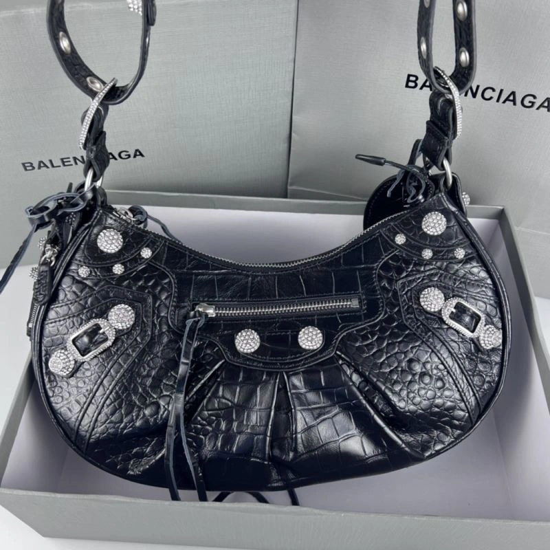 Balenciaga Le Cagole Large Black Crocodile Shoulder Bag with Diamonds Flexible 78798