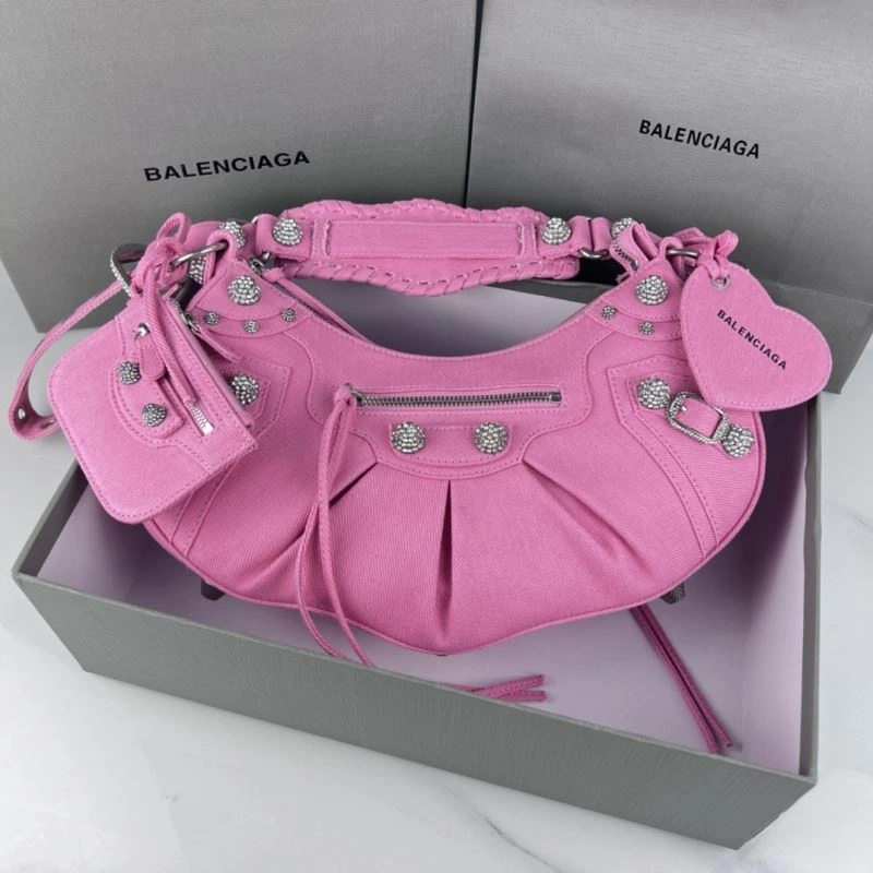 Versatile Balenciaga Le Cagole Large Rhinestone Pink Half-Moon Shoulder Bag 78811