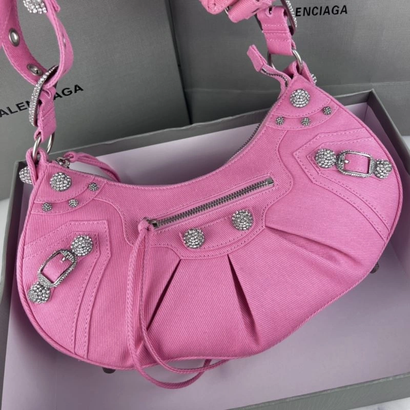 Versatile Balenciaga Le Cagole Large Rhinestone Pink Half-Moon Shoulder Bag 78811