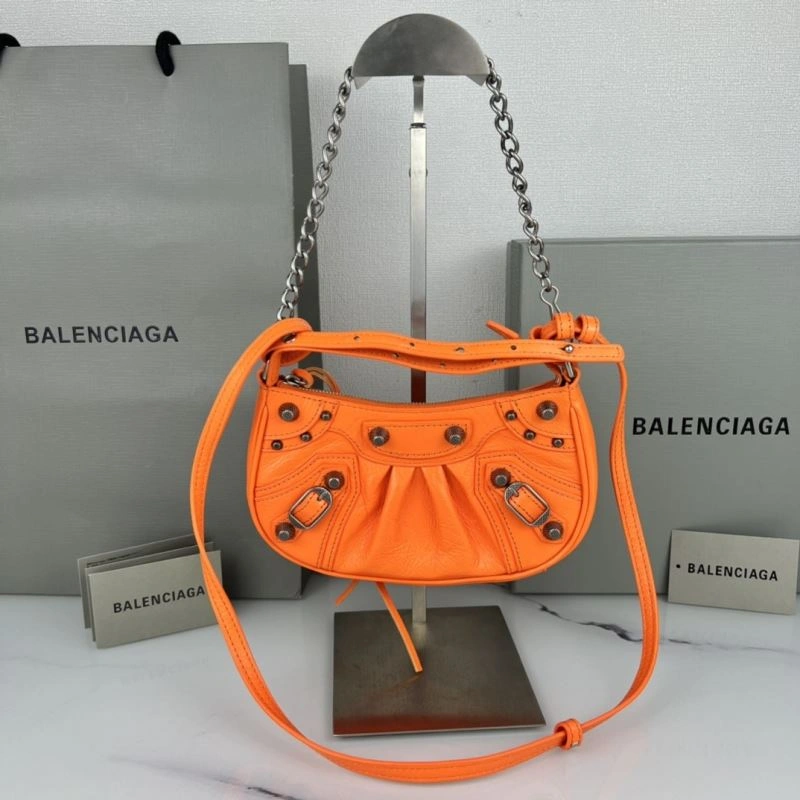 Balenciaga Le Cagole Mini Cracked Orange Handbag with Silver Buckle Functional 78805
