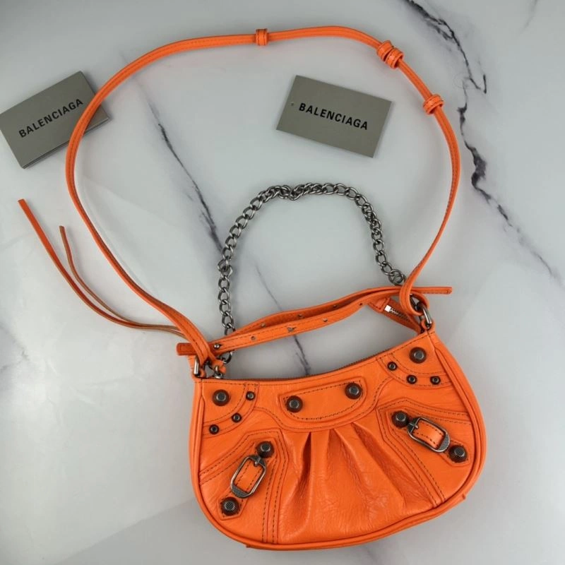 Balenciaga Le Cagole Mini Cracked Orange Handbag with Silver Buckle Functional 78805