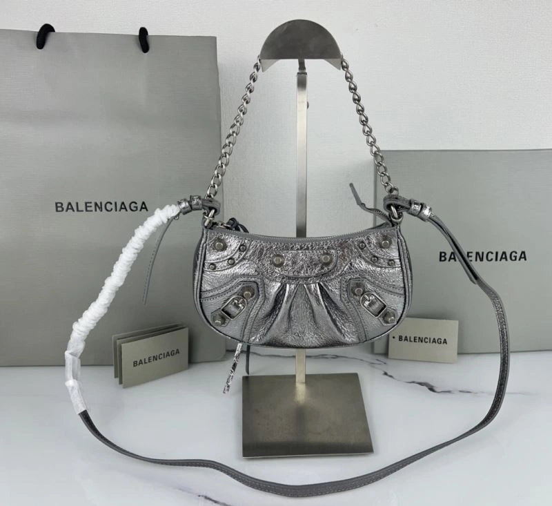 Contemporary Balenciaga Le Cagole Mini Cracked Silver Bag with Silver Buckle 78814