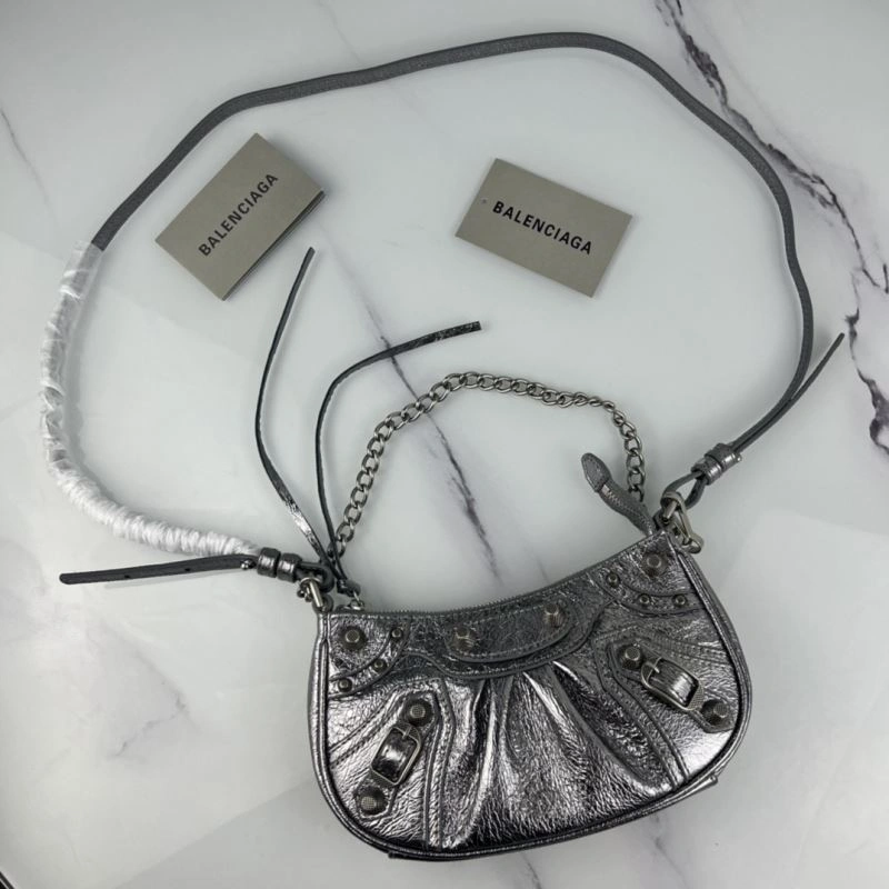 Contemporary Balenciaga Le Cagole Mini Cracked Silver Bag with Silver Buckle 78814