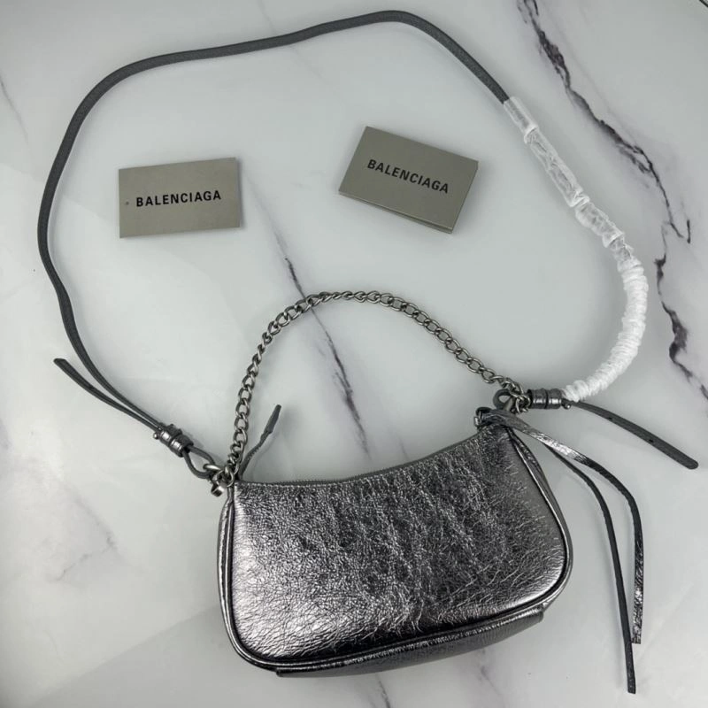 Contemporary Balenciaga Le Cagole Mini Cracked Silver Bag with Silver Buckle 78814