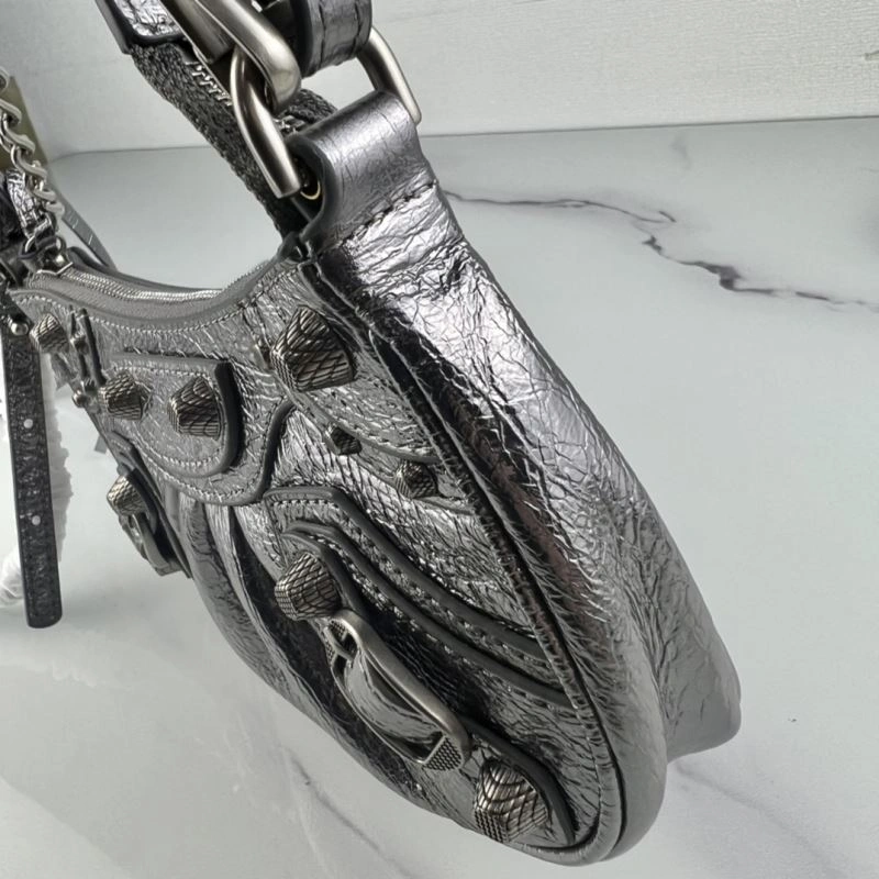 Contemporary Balenciaga Le Cagole Mini Cracked Silver Bag with Silver Buckle 78814