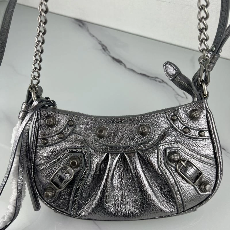 Contemporary Balenciaga Le Cagole Mini Cracked Silver Bag with Silver Buckle 78814
