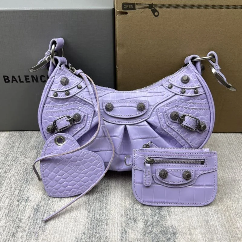 Breathable Balenciaga Le Cagole Mini Dumpling Bag in Purple Crocodile 38370